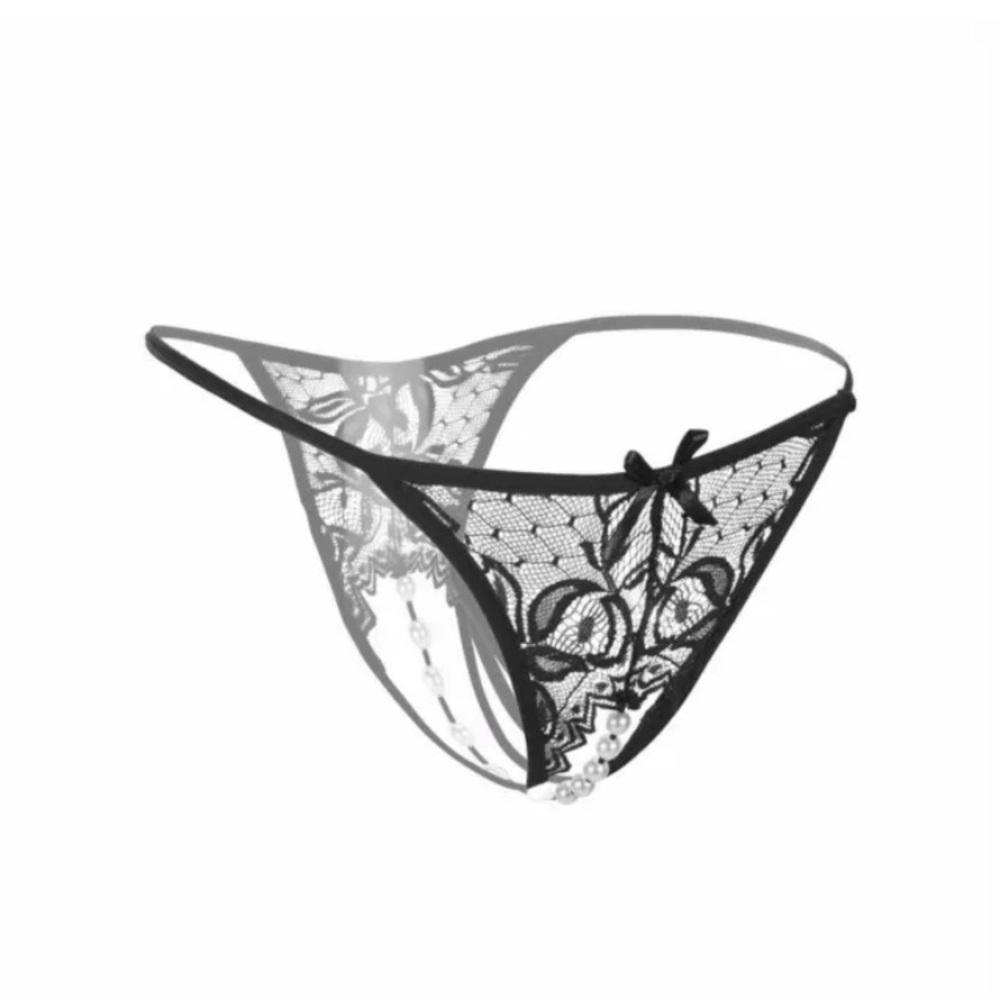 Black lace pearl strap crotch less panties
